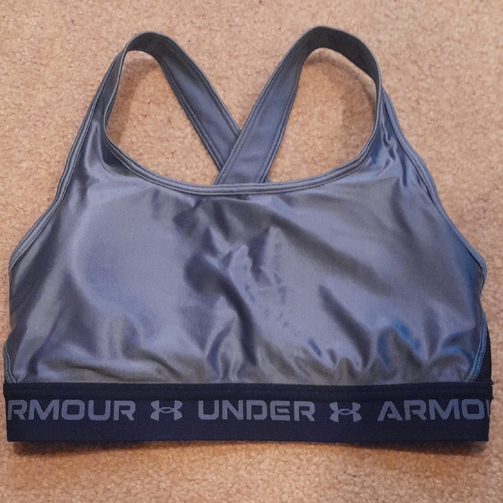Under Armour Women's Blue Shiny Crossback Sports Bra with Logo Band, Size M